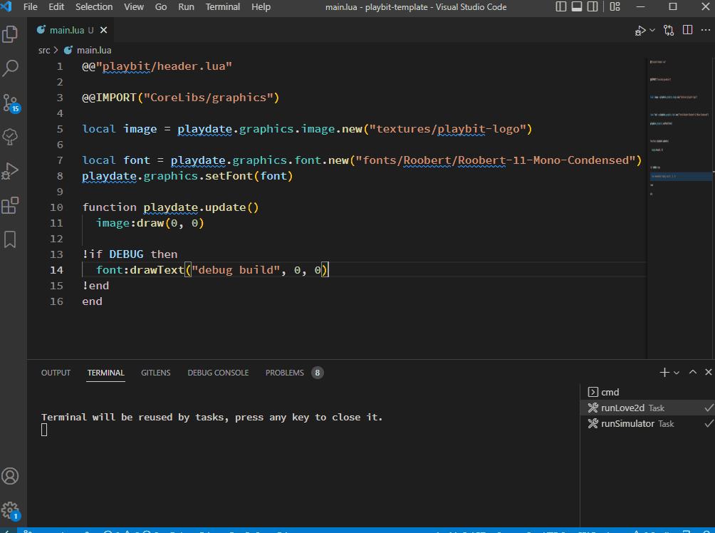 Gif demonstrating Playbit launching a game in the Playdate simulator and desktop at the same time.